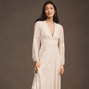 BHLDN Blush Belize Embroidered A-Line Long-Sleeve V-Neck Gown